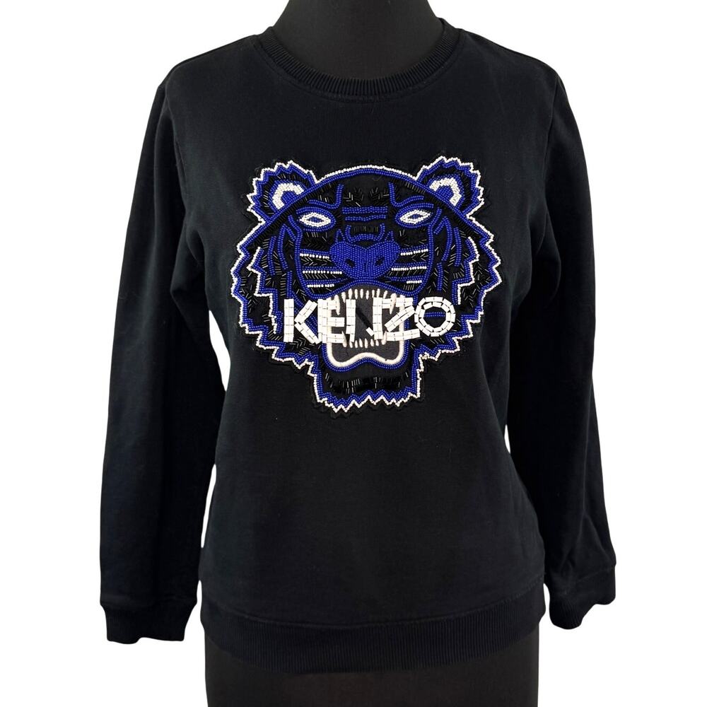 KENZO Black Sweatshirt Beaded Tiger Head Crew Neck Casual Pullover XS X-Small ?